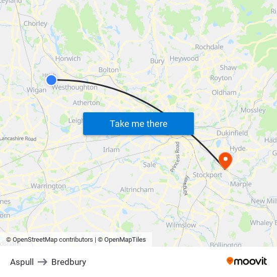 Aspull to Bredbury map