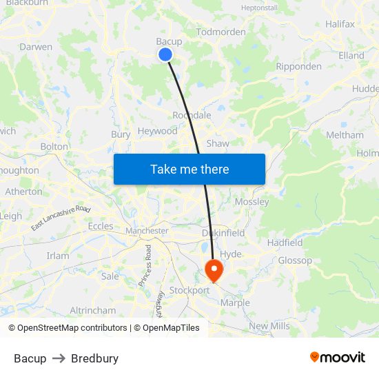 Bacup to Bredbury map