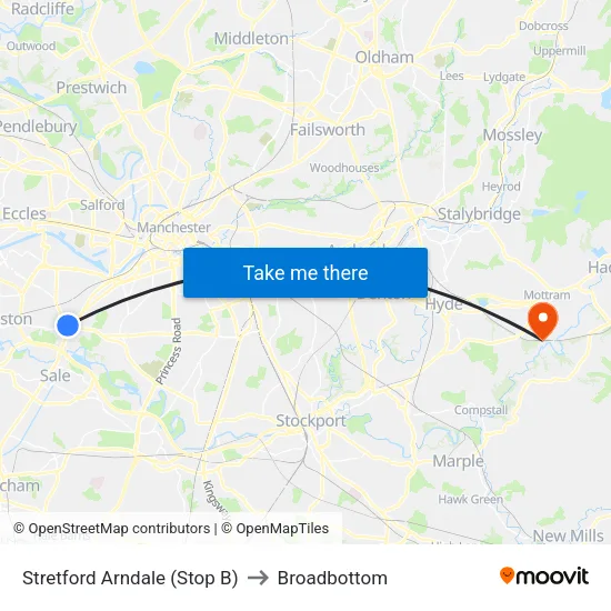 Stretford Mall to Broadbottom map