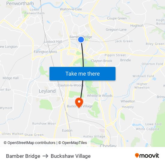 Bamber Bridge to Buckshaw Village map