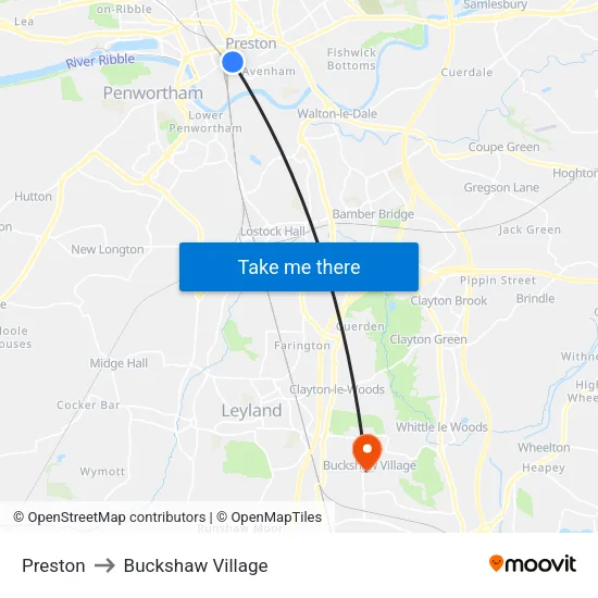 Preston to Buckshaw Village map