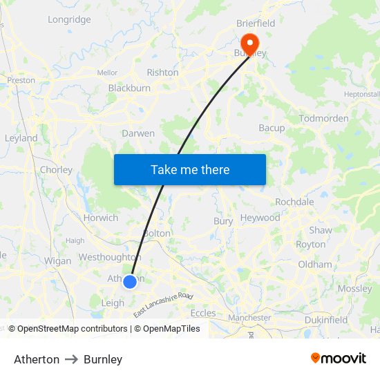 Atherton to Burnley map