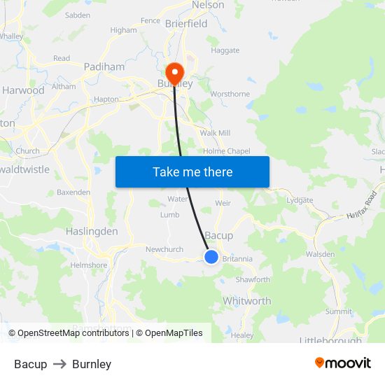 Bacup to Burnley map