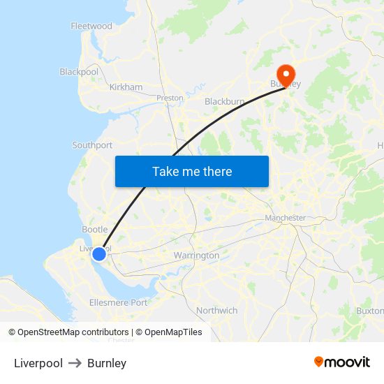 Liverpool to Burnley map