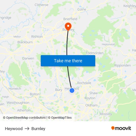 Heywood to Burnley map