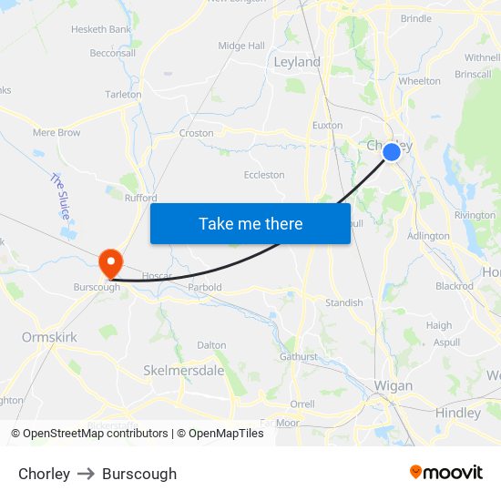 Chorley to Burscough map