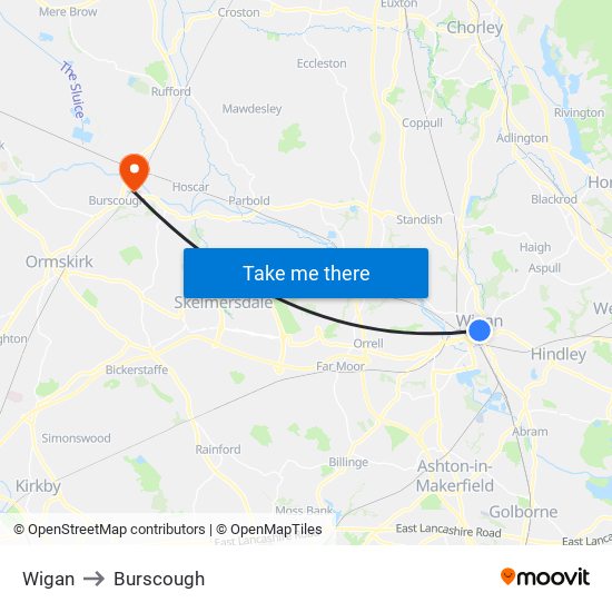 Wigan to Burscough map