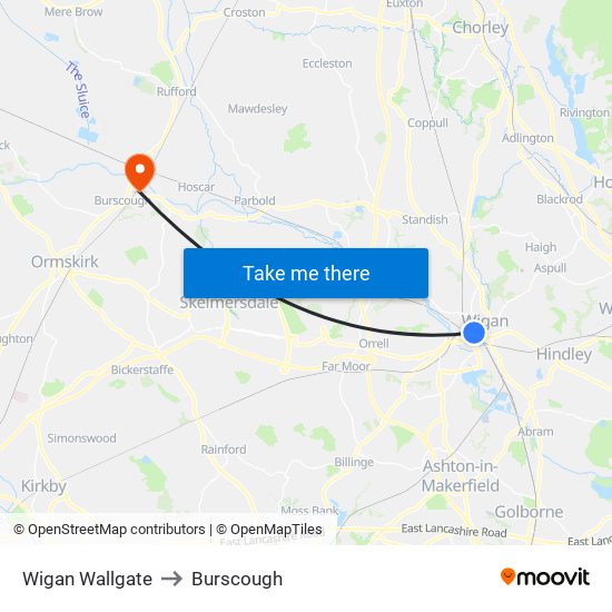 Wigan Wallgate to Burscough map