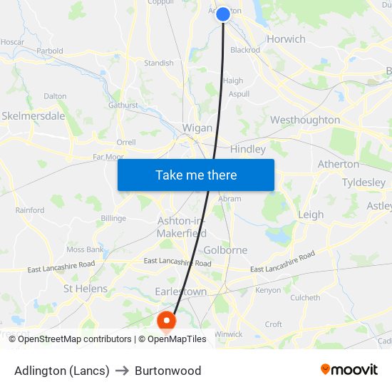 Adlington (Lancs) to Burtonwood map