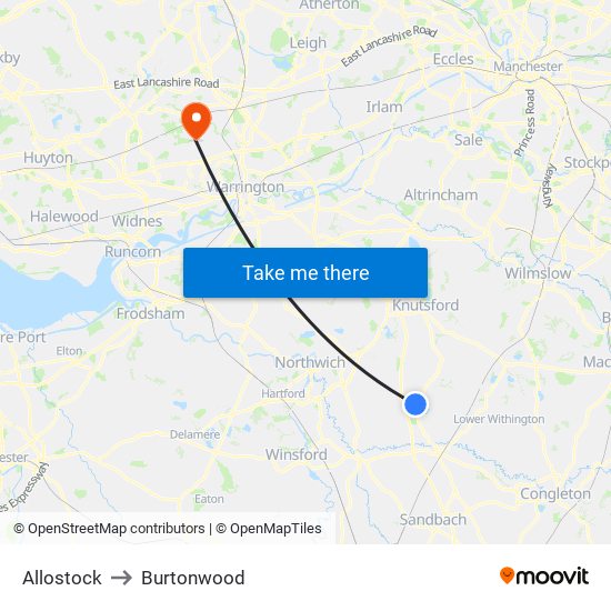 Allostock to Burtonwood map