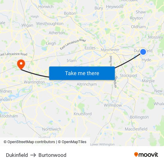 Dukinfield to Burtonwood map