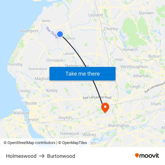 Holmeswood to Burtonwood map