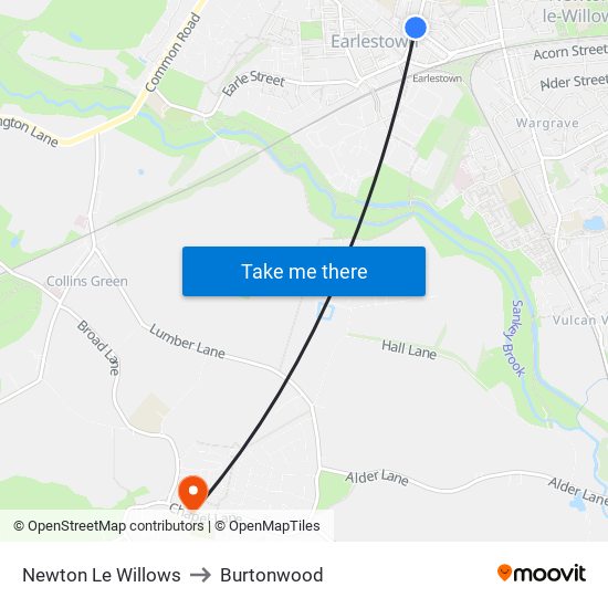 Newton Le Willows to Burtonwood map