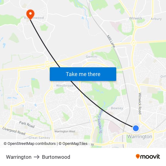 Warrington to Burtonwood map