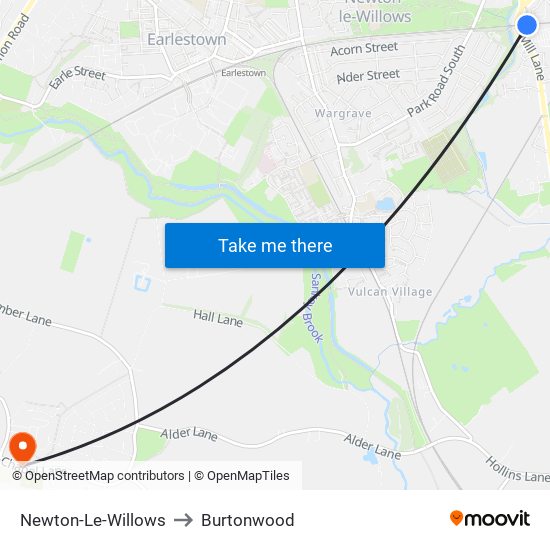 Newton-Le-Willows to Burtonwood map