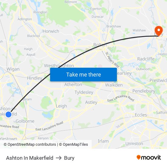 Ashton In Makerfield to Bury map