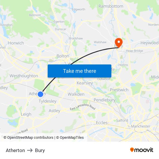 Atherton to Bury map