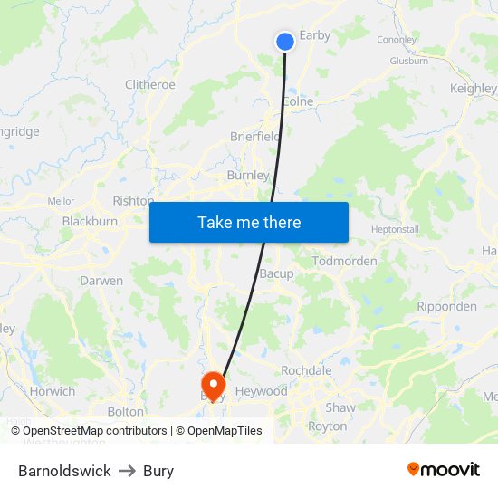 Barnoldswick to Bury map