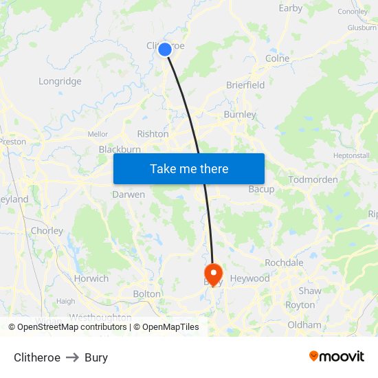 Clitheroe to Bury map