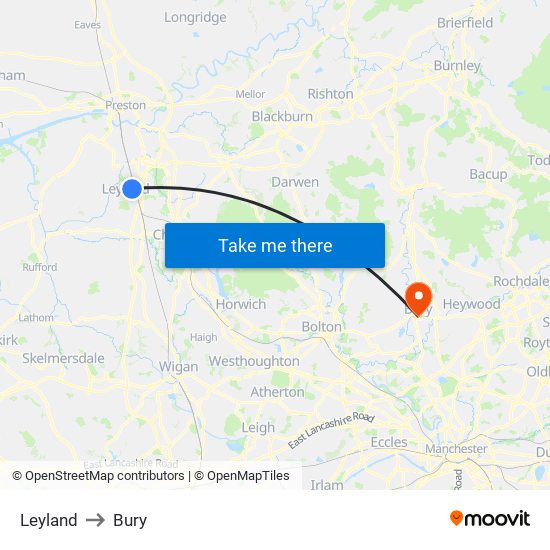 Leyland to Bury map