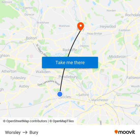 Worsley to Bury map