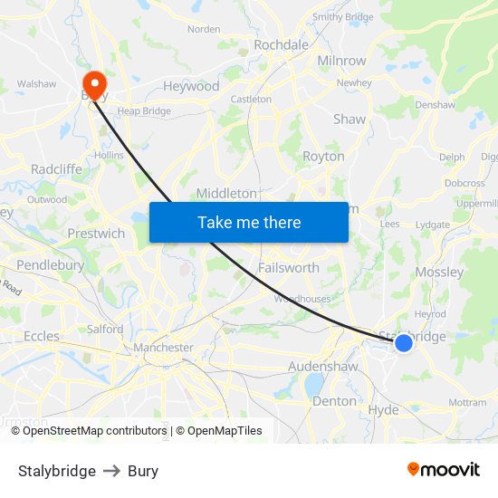Stalybridge to Bury map