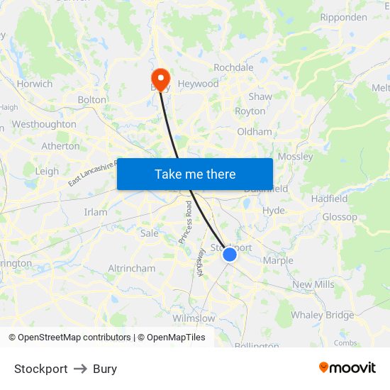 Stockport to Bury map