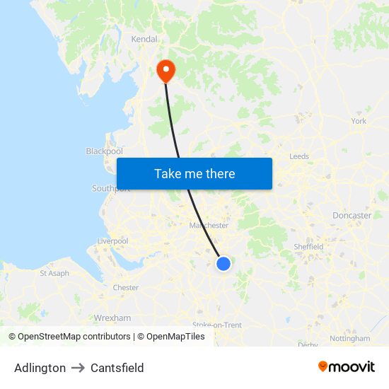 Adlington to Cantsfield map