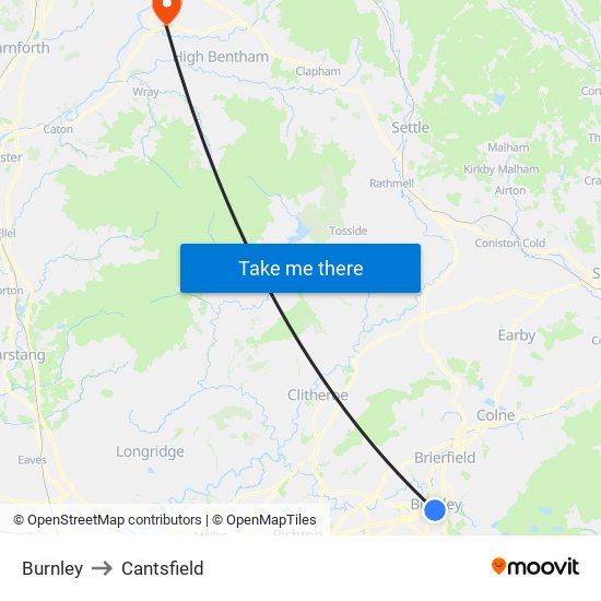 Burnley to Cantsfield map