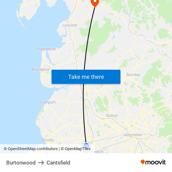 Burtonwood to Cantsfield map