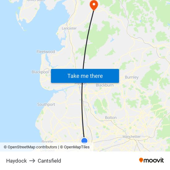 Haydock to Cantsfield map