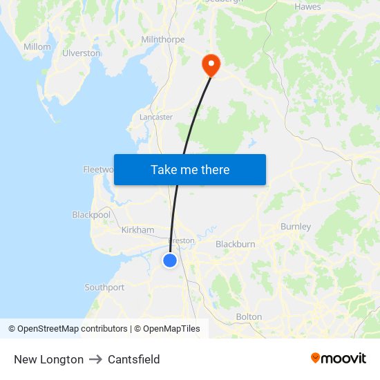 New Longton to Cantsfield map