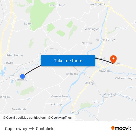 Capernwray to Cantsfield map