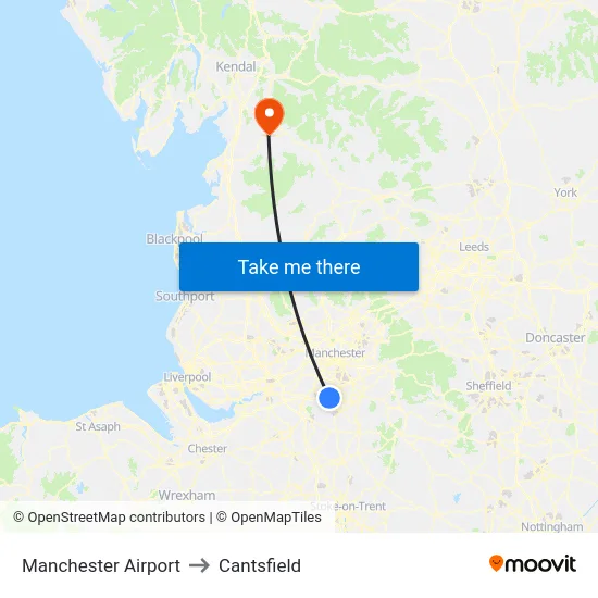 Manchester Airport to Cantsfield map