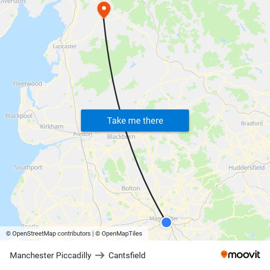 Manchester Piccadilly to Cantsfield map