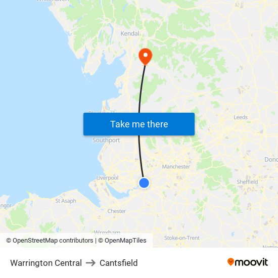 Warrington Central to Cantsfield map