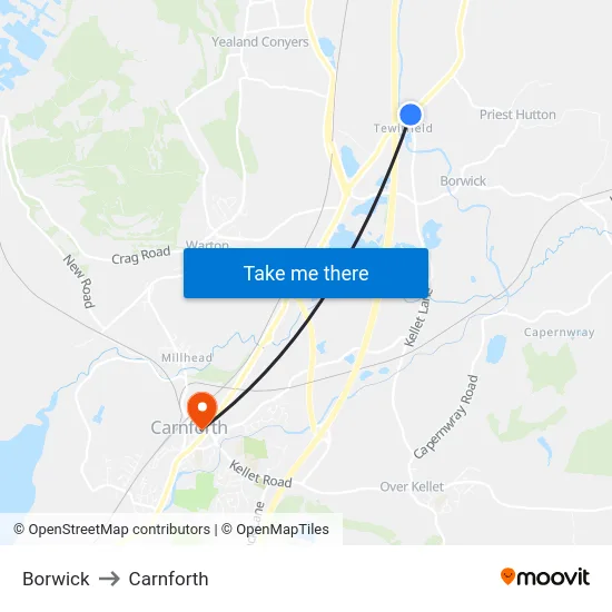 Borwick to Carnforth map