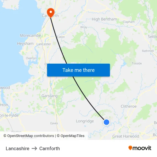 Lancashire to Carnforth map