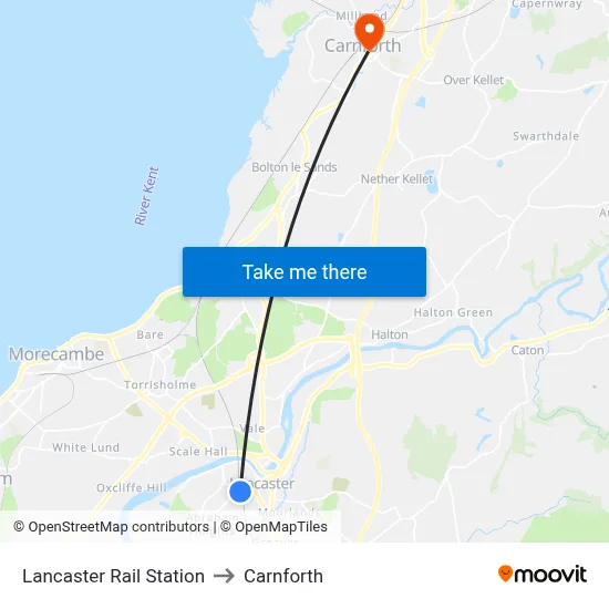 Lancaster Rail Station to Carnforth map