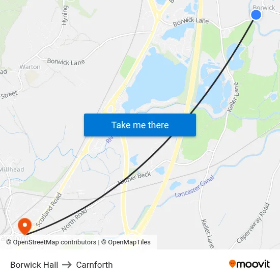 Borwick Hall to Carnforth map