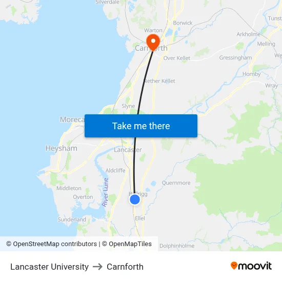 Lancaster University to Carnforth map