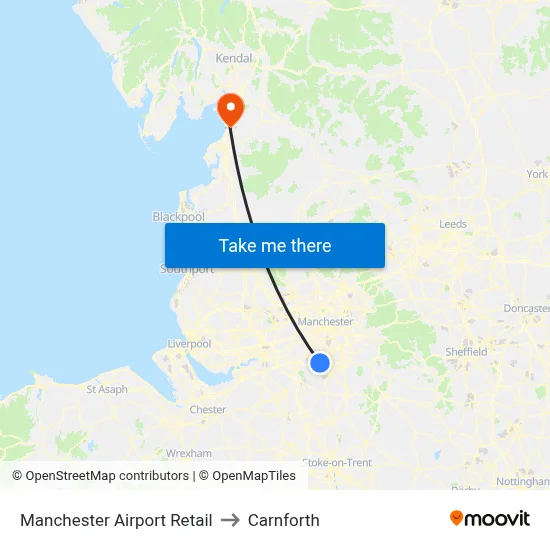 Manchester Airport Retail to Carnforth map