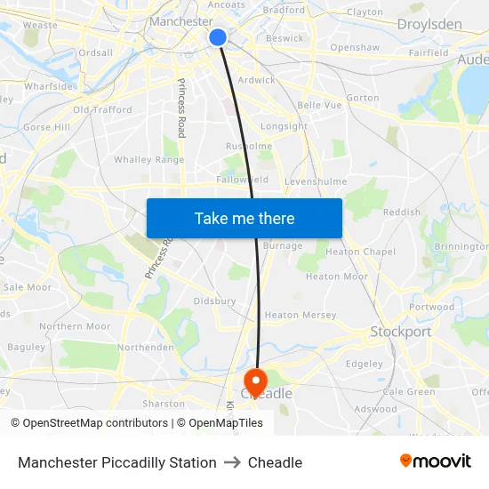 Manchester Piccadilly Station to Cheadle map
