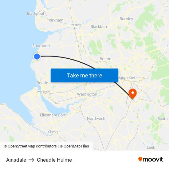 Ainsdale to Cheadle Hulme map