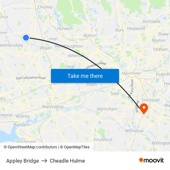 Appley Bridge to Cheadle Hulme map