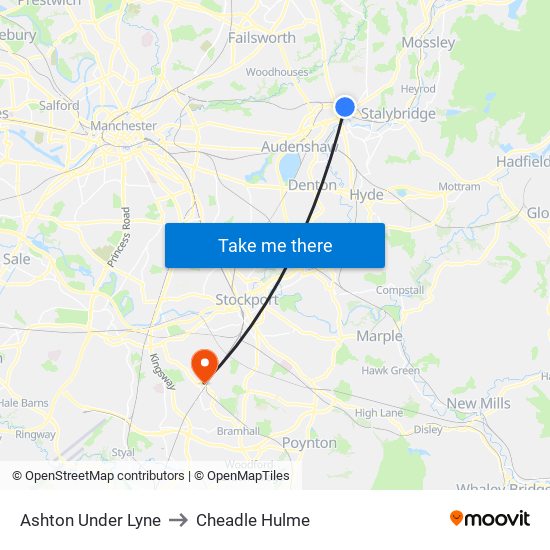 Ashton Under Lyne to Cheadle Hulme map