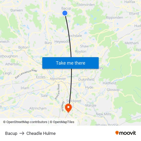 Bacup to Cheadle Hulme map