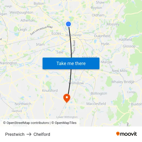 Prestwich to Chelford map