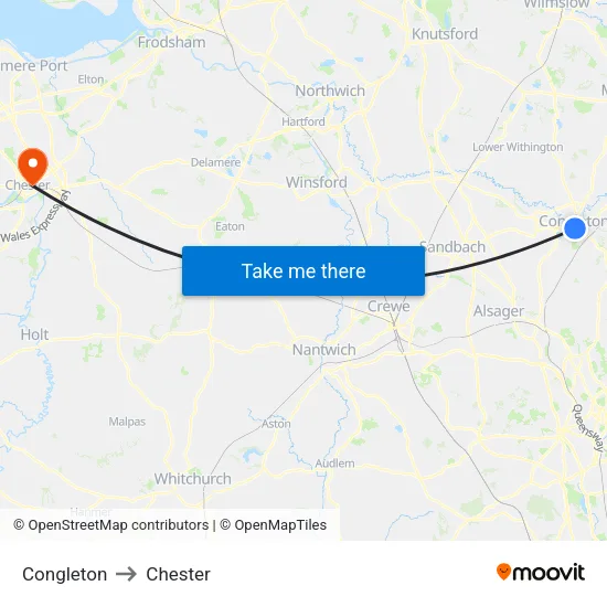Congleton to Chester map