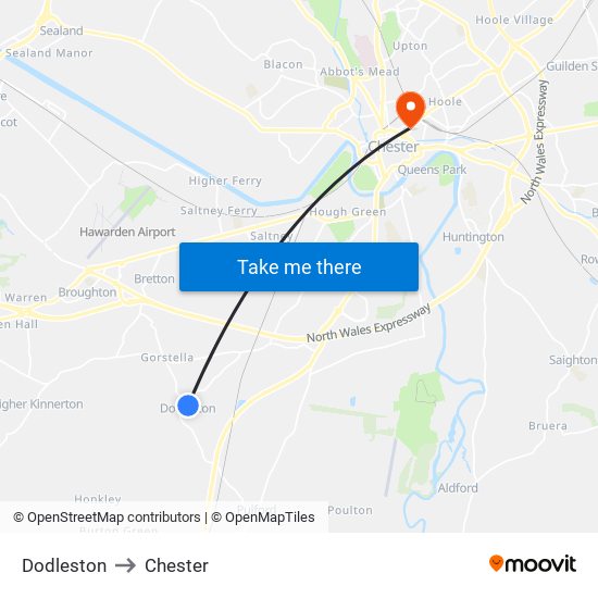 Dodleston to Chester map